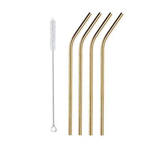 Image of STAR WORK - Metal Straws Stainless Steel Straws 8.5 inch Drinking Straws Reusable 4 Set And 1 cleaning Brush For Picnic,Travelling,Home,Bars (GOLD)
