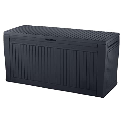 Koll Living Auflagenbox/Kissenbox 270 Liter Farbe : Graphit l 100% Wasserdicht l mit Belüftung dadurch kein übler Geruch/Schimmel l Moderne Holzoptik l Deckel belastbar bis 250 KG (2 Personen) Cover