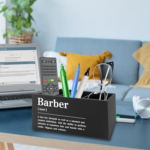 Image of Barber Definition Pen Pencil Holder Organizer for Desk, Salon Barbershop Decor, Modern Minimalist Barber Shop Wooden Box Signs Decorations for Home Office Desk Tabletop