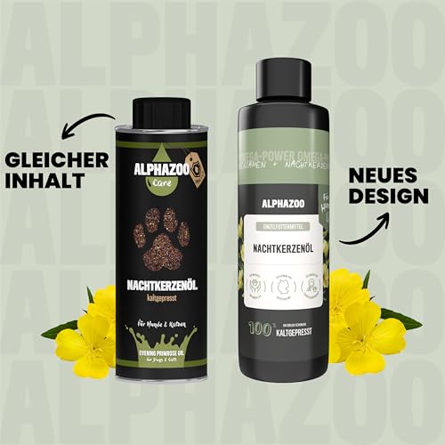 alphazoo Premium Nachtkerzenöl für Hunde 250ml – Kaltgepresst & 100% natürliches Futteröl, reich an Omega-6 & Omega-9 – Unterstützt glänzendes Fell & gesunde Haut, ideal bei Allergien