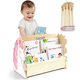 MHJY Bücherregal Kinder, doppelseitiges Holzregal mit robusten Canvas-Taschen, Montessori Stil, tragbar mit Griff, Kinderbuchregal für Kinderzimmer, Spielzimmer & Kindergarten, leicht & langlebig