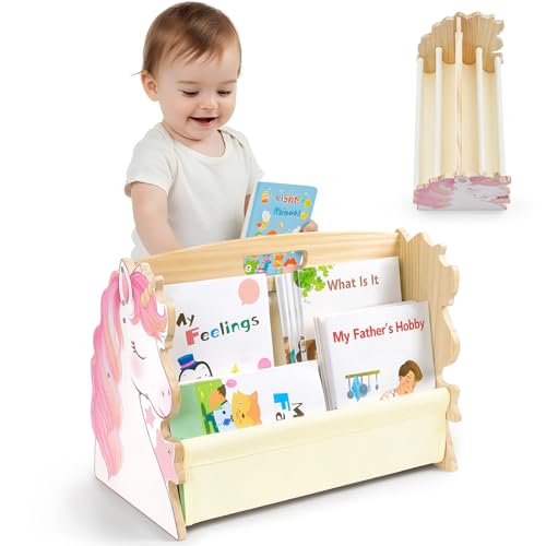 MHJY Libreria per bambini – Libreria in legno a doppia faccia con contenitore in tela, libreria per bambini per asilo nido, camera da letto, stanza dei giochi, organizer per libri per bambini in stile