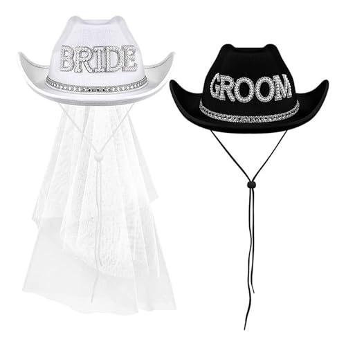 Chapeau cow-girl mariée en strass avec voile pour enterrement de vie de jeune fille