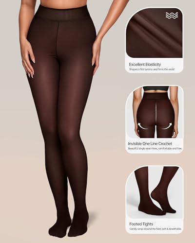 Image of OEAK Womens Fleece Lined Tights Sheer Fake Translucent Pantyhose Thermal Tights High Waisted Footed Leggings