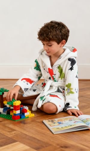 Image of Boys Girls Bathrobes,Toddler Boy Girl Robes,Children's Plush Soft Coral Fleece Hooded Pajamas Sleepwear for Kids