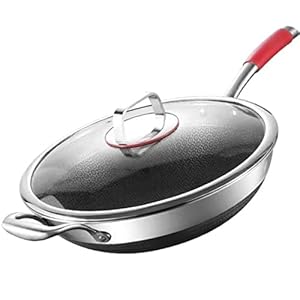 Honeycomb Wok Pan with Lid, nonstick stir fry with silicone handles, Hybrid stainless steel cooking frying pan, dishwasher safe. Induction, electric and gas cooktop cookware