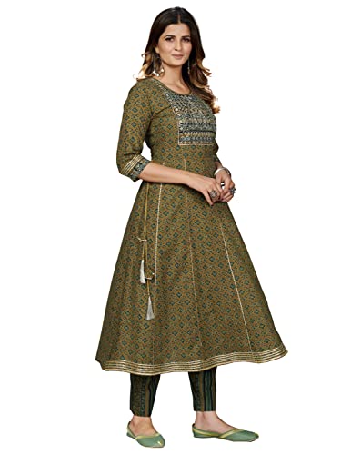 Image of Vbuyz Women's Cotton Print & Embroidered Anarkali Stitched Kurta Pant with Dupatta (VF-KU-1704-SKD-36 Mahendi Green S)
