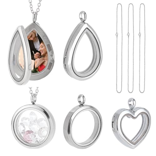 PH PandaHall 3 Styles Locket Pendant Necklace 304 Stainless Steel Memory Floating Charms Round Memory Necklace Teardrop Heart Pendant Buckle Closure for Women Friendship Necklace Memory Nostalgic