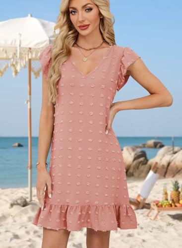 Image of QACOHU Spring Summer Dresses for Women 2026 V Neck Cap Sleeve Ruffle Hem Smock Short Casual Beach Dress