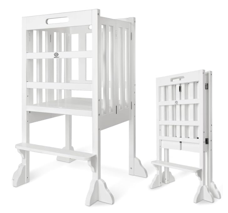 Image of Kitchen Step Stool Helper - WOOD CITY Montessori Foldable Toddler Standing Tower for Toddlers with Safety Rail Height Adjustable Ideal Helper for Learning New Skills Natural Pine Wood (White)