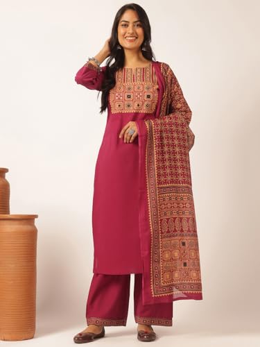 Image of Vbuyz Women Ajrakh With Yoke design Cotton Straight Kurta Set With Dupatta