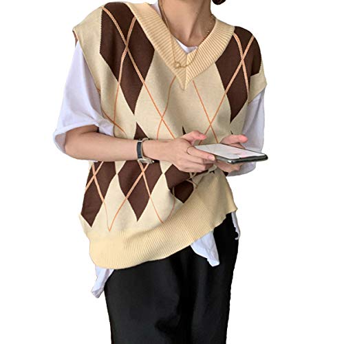 VANGULL Women Knitted Vest Argyle Pattern Ins Style V-Neck Sweater Sleeveless Sweet Pullover Casual Fashion Tops Brown
