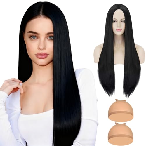 MUNSKT Lange gerade Perücke schwarz hitzebeständige Faser synthetische gerade Haare und Haarnetz für Halloween Party Cosplay Anime Karneval Fancy Kleid Zubehör