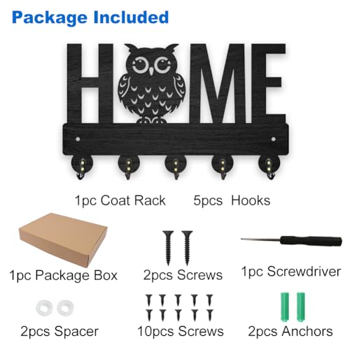 MAYJOYDIY Wooden Home Owl Key Hook Wall Mounted Animal Key Holder for Wall 30 x 17.5 cm Black Key Holder 5 Alloy Hooks Home Decor Gifts Entryway Kitchen Bathroom Storage Organizer - Image 3