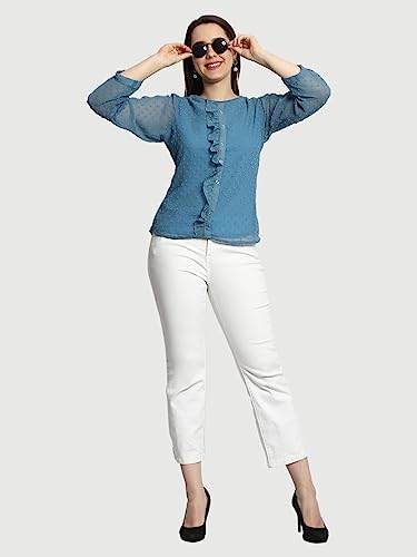 Image of PRETTIFY Women's Regular Fit Solid Embroidery Georgette Waist Length, 3 /4 Sheer Sleeve, Round Neck Casual Wear Western Shirt Top for College /Office Girls