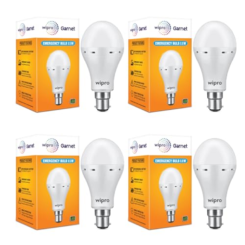 Image of wipro Garnet 11W LED Emergency Bulb | Cool Day White (6500K) | B22 LED Bulb Base | Inverter Bulb for home, with upto 3.5 Hours battery back up| Li-ion Battery | Over charging Protection | Pack of 4