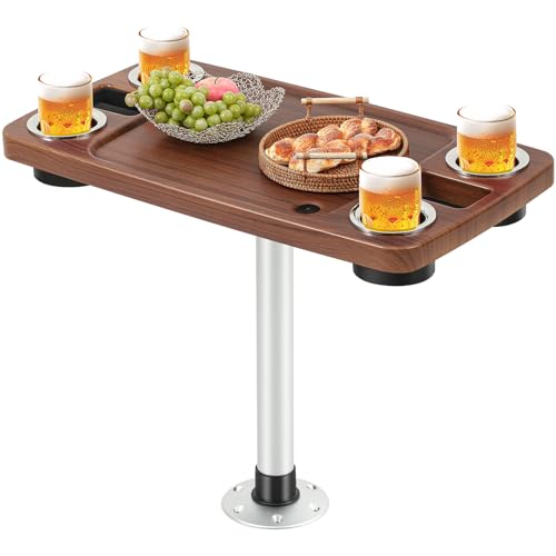 Sunnymove Boat Table Set 18x34 Pontoon Boat Marine ABS Table with 27 Detachable Pedestal Leg 4 Drink Holders 2 Phone Stands and Drain Outlet Pontoon Accessories(Burlywood Color Tabletop)