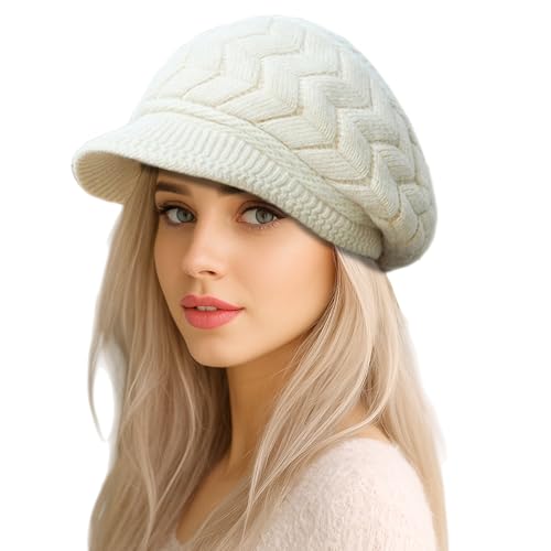 MUNSKT Boina de invierno para mujer - Gorro de lana de punto térmico con forro polar, boina cálida para damas para clima frío Reino Unido, blanco