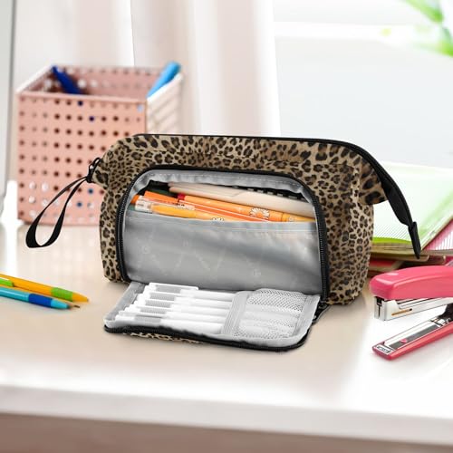 Image of Fisyme Leopard Print Pencil Case Large Capacity Pencil Pouch Pen Bags Box Big Makeup Pencil Case Organizer