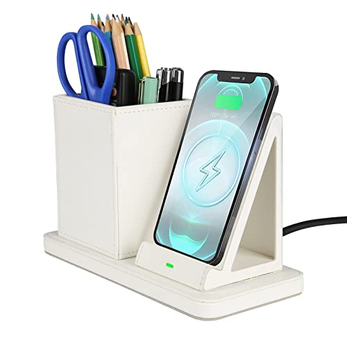 Wireless Charger with Desk Organizer, Wireless Charging Station for iPhone 14/14 Pro/13/12/11/Samsung Galaxy S23/S22/S21/S20/Note 20/Note 10, Wireless Charging Stand with Leather, White