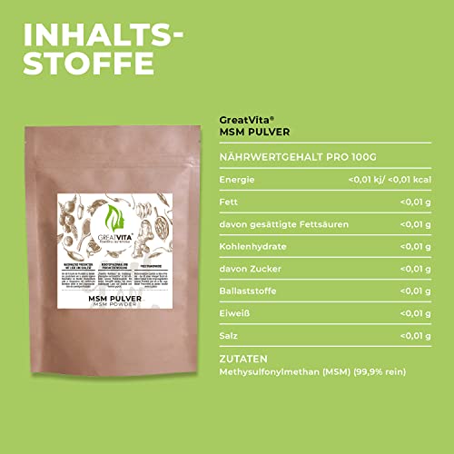 GreatVita MSM Pulver 1000g - 99,9% Methylsulfonylmethan, feiner & organischer Schwefelpulver - MSM powder zum Mischen in Wasser, Saft & Smoothies - 1kg Vorrat, ohne Zusätze, glutenfrei & non-GMO