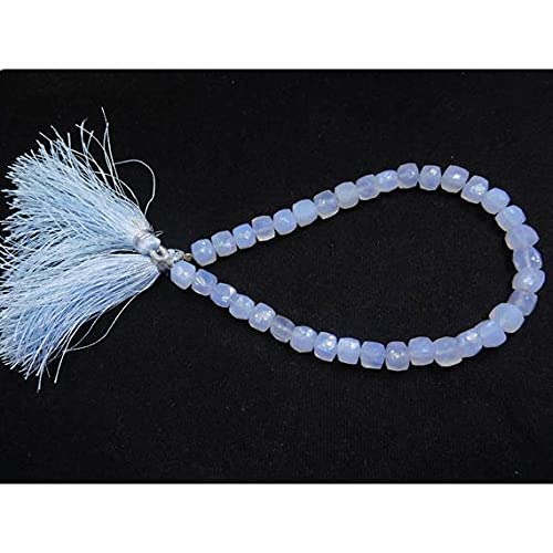 Natural Blue Chalcedony 6-7 Mm Gemstone Micro Faceted Cube Box Beads 8" Strand