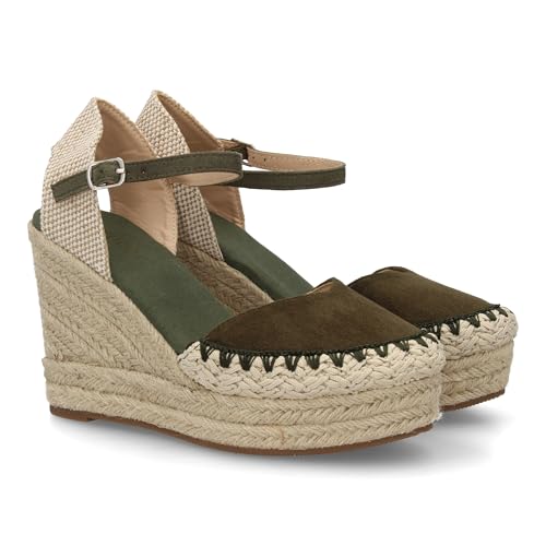 shoes&blues.es 100135 Alpargata Sandalia de Mujer con Cuna de Esparto y Detalle Decorativo en la Pala, para Mujer, Cierre de Hebilla Ajustable, Talon Abierto, Ideal Primavera Verano. Verde Talla 37