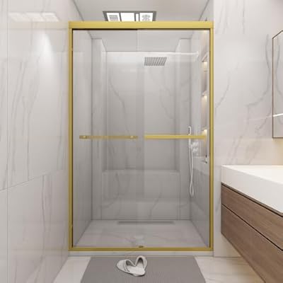 Bathlink Double Shower Sliding Door 44-48" W * 72", Brushed Gold Double Sliding Shower Door with 1/4"(6mm) Tempered Glass, Shower Glass Easy to Clean