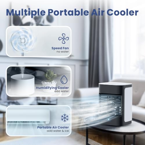 Image of Portable Air Conditioners, 3-IN-1 Mini Evaporative Air Cooler | Top-fill Tank, 3 Speeds&3 Modes, 7H Cooling, 90 Oscillation, 7 Color Lights, Type-C Powered, Whisper-Quiet for Bedroom, Desk