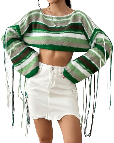 Image of BAIMORE Women's Chic Crochet Boat Neck Rainbow Striped Long Sleeve Crop Sweater with Tassels