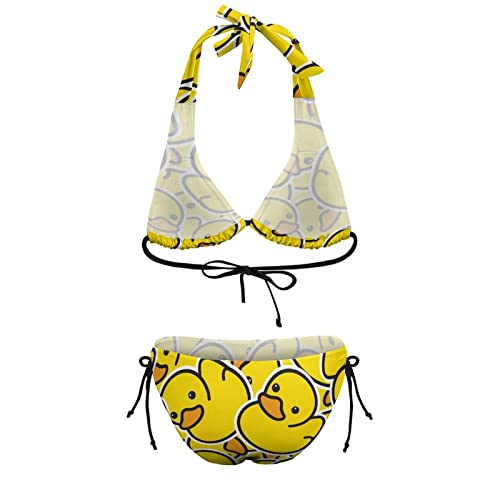WZOMT Women's Sexy Halter Yellow Rubber Duck Bikini Suit 2 Piece Set Triangle Bikini Swimsuits V Neck Bathing Suit2
