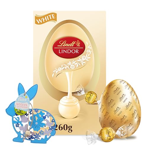 Topline Lindt Chocolates Easter Egg for Easter Gifts - Luxury White Chocolate Egg with Chocolate Truffles 260g Chocolates Gift Box with Topline Wooden Decoration for Womens Gifts Egg Hunt