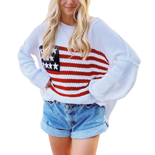 Women's American Flag Graphic Sweater Vintage Loose Hollow Out 4th of July Jumper Summer USA Flag Pullover Top