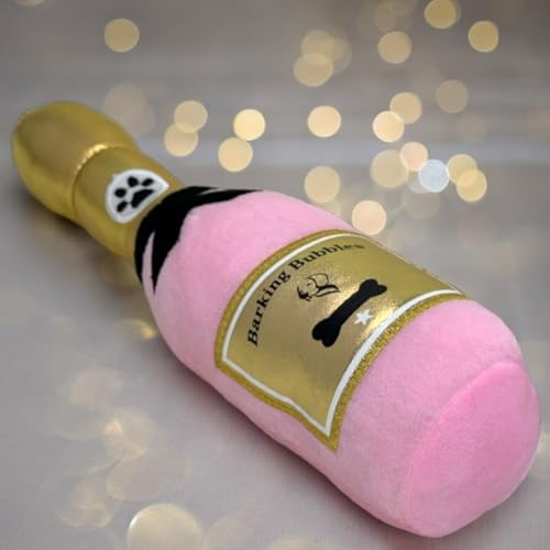 MIJOMA Hundespielzeug Barking Bubbles - Plüsch-Champagnerflasche für Hunde, Quietschgeräusch, Robustes Polyester, 28 cm (Rosa)