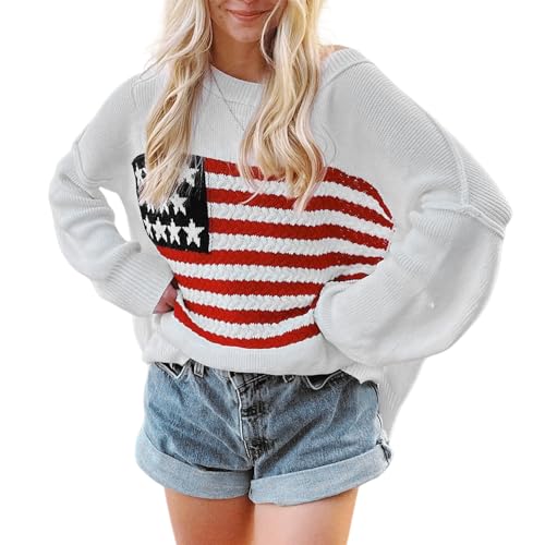 Image of Womens American Flag Sweater Long Sleeve Crew Neck Star Graphic Knit Pullover Tops Casual Loose USA Sweater