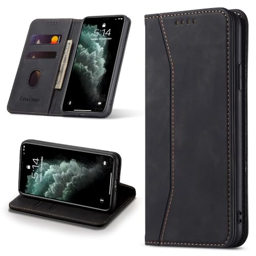 Leaisan Handyhülle für iPhone 11 Pro Max Hülle Premium Leder Flip Klappbare Stoßfeste Magnetische [Standfunktion] [Kartenfächern] Schutzhülle für iPhone 11 Pro Max Tasche - Schwarz