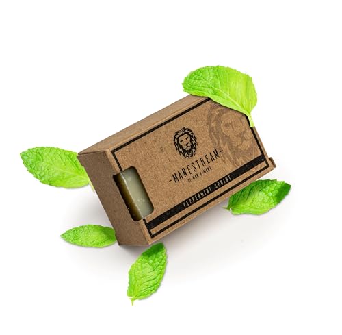 MAN & MANE Manestream Long Lasting, Mild Scented Peppermint Tea Tree 2-in-1 Skin and Shampoo Bar CocoaButter, AloeVera, Jojoba, Bran and Essential Oils, Natural Handmade