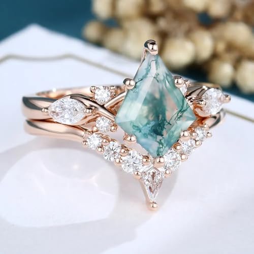 Kite-Cut Natural Moss Agate & Lab-Created Moissanite Wedding Band with Bridal Engagement Ring Set 925 Sterling Silver for Women Elegant, and Timeless2
