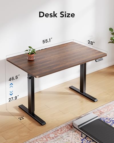 HUANUO 55" x 28" Electric Standing Desk Adjustable Height, 4 Memory Height Settings, Headphone Hook, Cable Manager, Sit Stand Up Desk for Home Office & Computer Workstation, Walnut