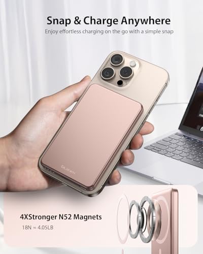 [0.3" Ultra Slim] [Alloy-Made] ULiXWH for Magsafe Portable Charger for iPhone, 2026 Upgrade 5000mAh Fast Charging Magnetic Power Bank, Wireless Battery Pack for iPhone 17 Air 16 15 Pro Max 14 13, Pink