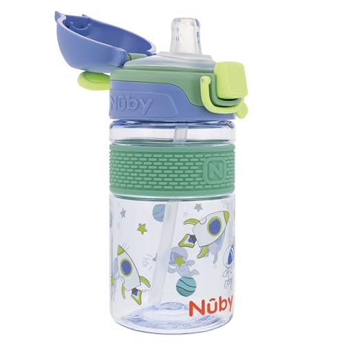 Nuby Thirsty Kids Flip-It Bolt Toddler Cup with Push-Button Locking Flip-Top and Silicone Spout - 12 oz - Easy-Grip and Spill-Resistant - 18+ Months - Space