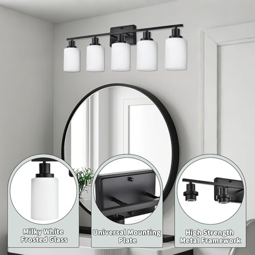 Image of LOUSACE 5 Light Matte Black Vanity Light Bathroom Lighting Fixtures Over Mirror with Opal White Frosted Glass Shade, Vanity Light Fixtures for Bathroom Bedroom Living Room