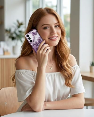 Image of Elzzi Electroplated Butterfly Phone Cover for Samsung S26 Case, Showcasing Pearlescent Diamond Soft TPU, Camera Protection, Shockproof, Dropresistant Stylish for Girls & Women (Deep Purple)