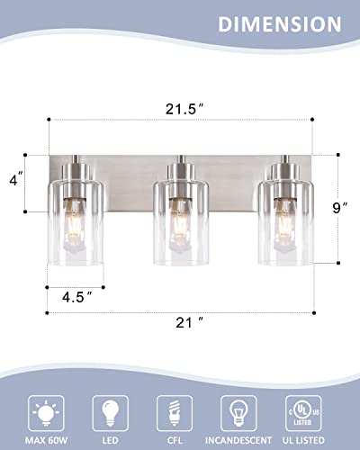 3-Light Bathroom Vanity Light Fixtures, Modern Indoor Wall Sconce, Bathroom Lights Over Mirror, Wall Mount Lighting Lamps For Hallway Laundry, Brushed Nickel Finish With Clear Glass Shade, Kw-7301-3… #TOP1