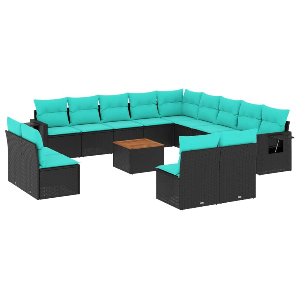Salón de jardín 14 piezas de poliratán negro con cojines y mesa acacia