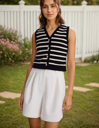 Image of Kedera Women's Sleeveless Knit Striped Sweater Vest Tank Tops Summer Slim V Neck Trendy Pullover, XX-Large