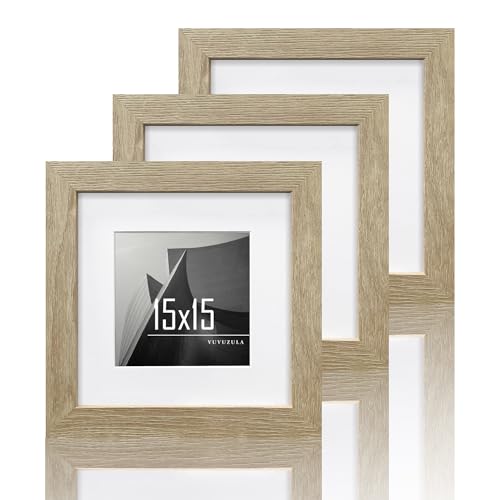 VUVUZULA Bilderrahmen 15x15cm Holz Quadratisch Fotorahmen Holzrahmen MDF Rahmen mit Passepartout 10x10cm Eiche Natur 3er Set
