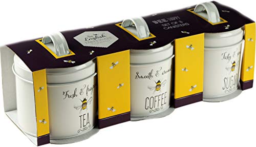 English Tableware Co Set of 3 Bee Happy Enamel Tea Coffee Sugar Storage Canisters