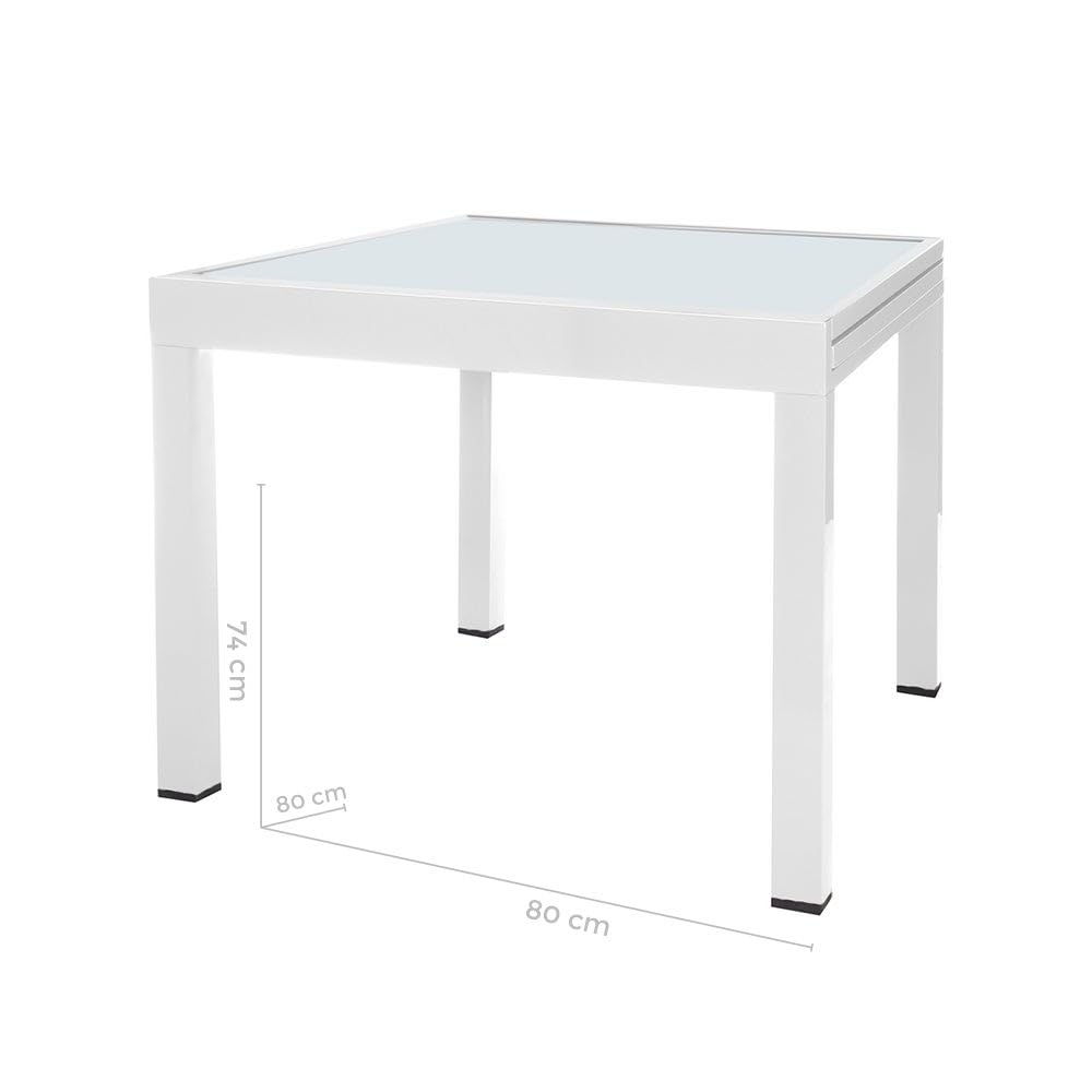 LOLAhome Mesa de Comedor Extensible para jardín Thais, Blanca de 80x80 cm Extensible 160 cm, de Aluminio y Cristal Serigrafiado, Tratamiento Anticorrosión, Elegante y Duradera, para 6 Personas