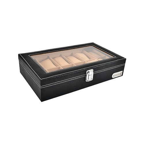Image of BOXXO 12 Slot Watch Organizer Box for Men & Women - Premium PU Leather Watch Case, Soft Velvet Cushions & Glass Lid Display, Elegant Storage Box - 34x20x8 cm (Black /beige, 12 slots)